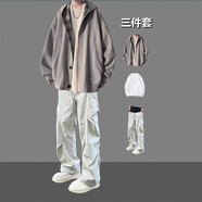 木清清拼接格子連帽衛衣男春秋韓版潮流感套裝男士開(kāi)衫外套重磅衣服 【三件套】灰外套+長(cháng)袖+工裝淺灰 S
