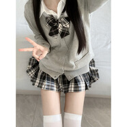 椿奈社原創(chuàng  )jk格裙制服秋季原創(chuàng  )正版學(xué)院風(fēng)套裝百褶裙子半身裙套裝 黑白格裙+淺灰開(kāi)衫+襯衫+領(lǐng)結 S