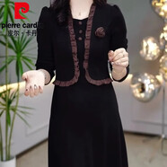 皮爾卡丹（pierre cardin）加絨加厚高檔冬季2025秋冬季新款氣質(zhì)名媛媽媽裝假兩件連衣裙女 黑色 L 【建議105-120斤】