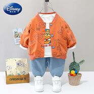 G.duck小黃鴨童裝男春秋款三件套裝男童衛衣嬰兒小孩衣服寶寶秋裝外套 桔紅色 印花熊三件套X 90 【建議身高85cm以下】