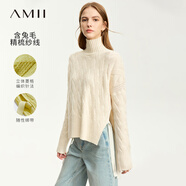 AMII2025冬極簡高領(lǐng)麻花毛衣女寬松精梳毛織套頭前短后長上裝 淺米杏 155/80A/S