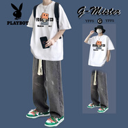 花花公子（PLAYBOY）短袖T恤男生夏季痞帥套裝帥氣潮流一套學(xué)生搭配牛仔褲炸街兩件套 1【兩件裝】盒子短袖白+刮破牛仔 L
