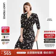 朗姿【明星同款】黑色復古碎花顯瘦連衣裙夏季新款氣質(zhì)裙子 黑色 2XL