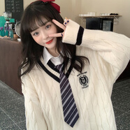 學(xué)院風(fēng)寬松中長(cháng)款套頭慵懶風(fēng)毛衣女秋冬外穿少女清新V領(lǐng)針織衫 米白色 S