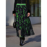 百絲（baisi）2025冬季新品法式森系復古氛圍感半身裙字母圖案百褶長(cháng)裙女 綠花 XL