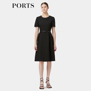 PORTS寶姿春季新品女裝優(yōu)雅純色通勤腰帶裝飾束腰短袖連衣裙 黑色-1 M (6)
