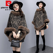 皮爾卡丹（pierre cardin）旗袍披肩斗篷女秋冬季保暖紅色格子外搭加絨加厚毛呢披風(fēng)穿搭大衣 豹紋---【套巾】 加絨