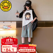 G.DUCKIDS童裝女童套裝夏裝2025新款中大童兒童洋氣短袖牛仔中褲兩件套 黑色小女孩短袖+牛仔中褲】 160 建議身高160以下