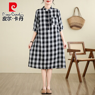 皮爾卡丹（pierre cardin）日系森女棉麻格子連衣裙女夏寬松休閑文藝氣質(zhì)半開立*領亞麻中長 黑白大格 L 【建議105-125斤】