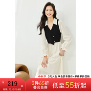 梵希蔓針織拼接連衣裙秋季2025新款女裝V領(lǐng)松緊收腰獨(dú)特別致裙子 30027 杏黑色 M