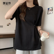 漫藍(lán)夢(mèng)胖mm特大碼300斤正肩中長(zhǎng)款收腰短袖T恤女設(shè)計(jì)感小眾開(kāi)叉遮肚上衣 黑色 XL 建議120-150斤