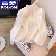 羅蒙（ROMON）新中式繡花蕾絲襯衫女2024春夏款復古立領(lǐng)盤(pán)扣優(yōu)雅氣質(zhì)白色上衣 杏色 S 建議85-95斤