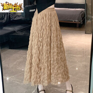 初徑溫柔超仙褶皺網(wǎng)紗半身裙2024春夏新款高腰顯瘦中長(cháng)款紗裙長(cháng)裙子 卡其(質(zhì)量) M