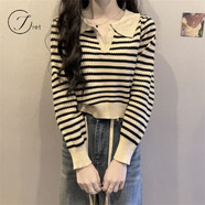 Jret撞色條紋毛衣女秋季2025年新款法式溫柔風(fēng)顯瘦短款針織衫套頭上衣 黑杏條 均碼 彈力均碼(建議70-120斤)