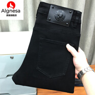 AIGNESA純黑九分牛仔褲男歐美直筒寬松百搭休閑黑色修身小腳褲男秋冬款 黑色 春秋季修身小腳長褲 30
