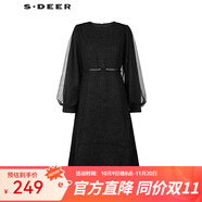 S.DEER圣迪奧女裝圓領(lǐng)收腰網(wǎng)紗泡泡袖毛呢連衣裙S224Z1283 黑色/91 S 160