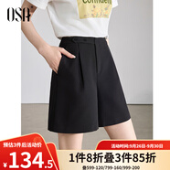 歐莎（OSA）短褲女夏季25年新款高腰直筒闊腿褲休閑五分褲薄款休閑短褲 黑色A XS