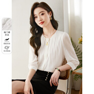 尚都比拉時尚洋氣圓領七分袖雪紡衫女秋高級少女感氣質(zhì)通勤上衣 白色 XL