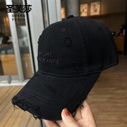 圣芙莎破洞棒球帽女字母刺繡水洗棉鴨舌帽顯臉小加大加寬帽檐軟頂遮陽帽 黑色 no time 均碼 可調(diào)節(jié)