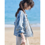 德瑪納【復古風(fēng)潮】春秋時(shí)髦翻領(lǐng)長(cháng)袖磨白袋花棉質(zhì)復古牛仔外套女