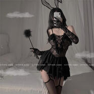 情趣內衣大碼性感免脫蕾絲吊帶透視睡衣胖MM小胸激情純欲制服誘惑 圖中【黑色吊帶短裙+T褲+吊帶襪+兔耳朵+手套】 均碼【建議80-125斤】