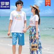 羅蒙（ROMON）三亞旅游穿搭沙灘情侶裝夏裝短袖t恤闊腿褲超仙蜜月度假海邊套裝 藍(lán)花闊腿褲套裝 女L