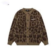 歐洛狄秋冬款美式復古豹紋設計感開(kāi)衫毛衣男女小眾寬松慵懶風(fēng)針織衫外套 深棕色 M