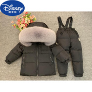 迪士尼（Disney）新款冬季兒童套裝男童女童寶寶嬰兒超大真毛領(lǐng)滑雪童裝羽絨服保暖 亞光黑色淺灰狐毛 分體 95cm