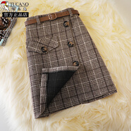 啄木鳥(niǎo)韓版毛呢格子半身裙女秋冬新款排扣不規則a字短裙高腰呢子大碼裙 31號皮帶呢子裙  咖色 L
