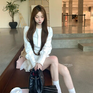 夢(mèng)琪嵐韓系溫柔千金法式純欲風(fēng)圓領(lǐng)長(cháng)袖短款襯衫女夏季高腰荷葉邊包臀裙 白色上衣+白色半身裙 M 建議90-105斤