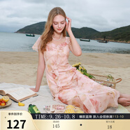 三彩2025夏季新款木耳邊荷葉袖蝴蝶印花雪紡連衣裙大擺長裙M 淺粉色花卉 S 155/80A
