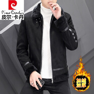 皮爾卡丹（pierre cardin）冬季鹿皮絨外套男短款風衣皮毛一體羊羔毛麂皮夾克機車服 黑色 M
