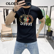 OLOEY 香港潮牌2024新款小蜜蜂t恤男刺繡亮片輕奢男士圓領(lǐng)絲光棉短袖 黑色 L