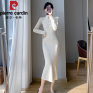 皮爾卡丹（pierre cardin）新中式杏色針織連衣裙女羊|絨旗袍裙秋冬荷葉邊過膝羊|毛衣裙 白色 S