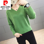 皮爾卡丹（pierre cardin）23年新款加絨加厚毛衣女秋冬V領(lǐng)短款低領(lǐng)針織打底衫外穿雞心領(lǐng)上 【綠色】 M 80斤-95斤穿