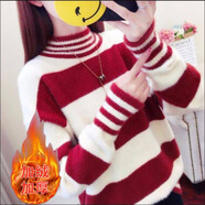 秋冬仿水貂半高領(lǐng)加絨加厚保暖套頭毛衣女學(xué)生韓版寬松條紋打底衫 中國紅-【加厚加絨條紋升級版】 S 80-95斤