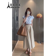 艾美琦美（AIMEIQIMEI）韓版通勤Polo領(lǐng)飛飛袖襯衫裙子夏天女裝2024職業(yè)裝寬松時(shí)尚連衣裙 套裝(送腰帶) M