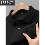 吉普（JEEP）高檔純棉秋季長袖t恤翻領(lǐng)寬松刺繡p0lo衫上衣男大碼T恤男士新 黑色【雙牛盾】長袖款 L碼-110-130斤