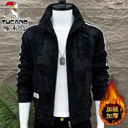 啄木鳥(niǎo)加絨加厚外套男秋冬季保暖男士開(kāi)衫工裝夾克潮流百搭滿(mǎn)印拼色上衣 黑色 【加絨】【品牌特價(jià)清倉撿漏】 加厚 XL 【建議120-135斤】