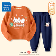 真維斯（Jeanswest）兒童套裝秋冬新款中大童加絨保暖長(zhǎng)褲男女童圓領(lǐng)衛(wèi)衣加厚兩件套潮 【加絨套裝】橘藏青（三兔） 150