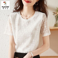 啄木鳥(niǎo)蕾絲短袖t恤女2025新款夏季設計感小眾寬松顯瘦雪紡小衫白色上衣 象牙白 L (105-115斤)