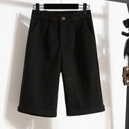 HKWZ毛呢褲子女2025秋冬中褲百搭加厚闊腿五分褲大碼外穿短褲高腰靴褲 黑色 L