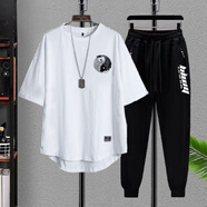 花花公子胖子男裝長(cháng)褲短袖t恤特大碼搭配時(shí)尚套裝衣服肥大碼兩件套 YU白色(上衣+字母褲) 6XL (210-225斤)