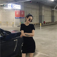 歌班婭新款短裙緊身彈力T恤裙子性感休閑修身顯瘦包臀連衣裙女裝夏 黑色 S 94斤以下