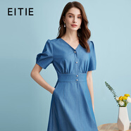 愛(ài)特愛(ài)（EITIE）復古牛仔V領(lǐng)收腰泡泡袖顯瘦通勤連衣裙夏季新款裙子B2407352 水藍39 XL 170