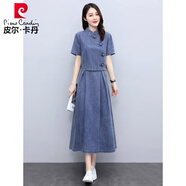 皮爾卡丹民族風(fēng)冰絲牛仔套裝連衣裙女薄款2025夏季新款復(fù)古改良旗袍兩件 深藍(lán)色 XL(建議115-125斤 高品質(zhì))