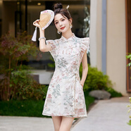 川朗連衣裙女新款中式重工刺繡2025夏季雪紡小個(gè)子改良旗袍寬松兩件套 米白色（連衣裙+短褲） S （80斤-90斤）