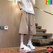 華天牧胖子大碼cleanfit歐美潮牌西裝短褲男夏季vibe高街配腰帶七分褲過 卡其色 3XL  建議155-175斤可穿