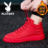 花花公子（PLAYBOY）高幫男鞋冬季2024新款本命年紅色加絨保暖運動鞋子男皮面休閑板鞋 紅色【加絨款】 43