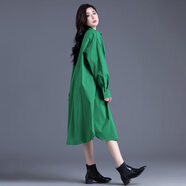 你牛我褲藍(lán)色襯衣連衣裙女2025新款休閑長裙中長款襯衫裙子歐美時尚裙女秋 綠色 M